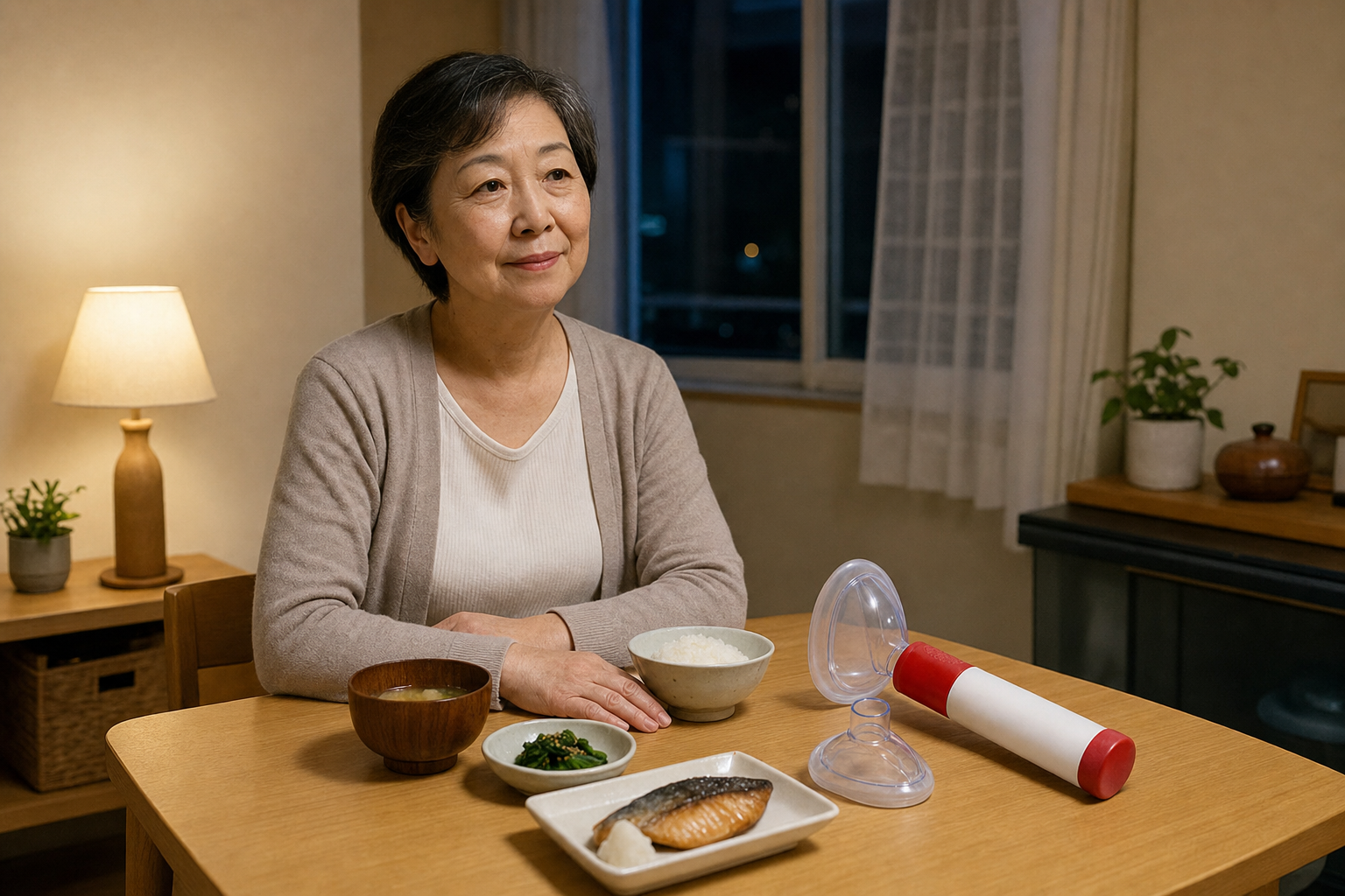 夜、ひとりで食事をする女性のそばに置かれたCADRA